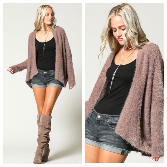 Mocha Fuzzy Open Front Cardigan Sweater - Picture 3 of 4